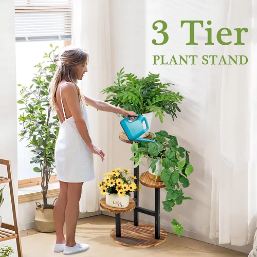 Miniatura 2 de VECELO Soporte para Plantas de 3 Niveles Interior y Exterior, Estante Alto de Metal y Madera para Flores y Múltiples Plantas, Pequeño Estante