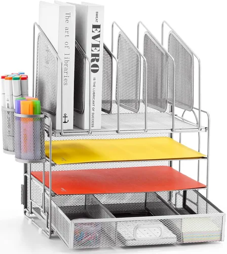 Miniatura 10 de Marbrasse Organizador de escritorio con cajón, organizador de archivos de malla de 4 niveles con 5 soportes verticales para archivos y 2 soportes