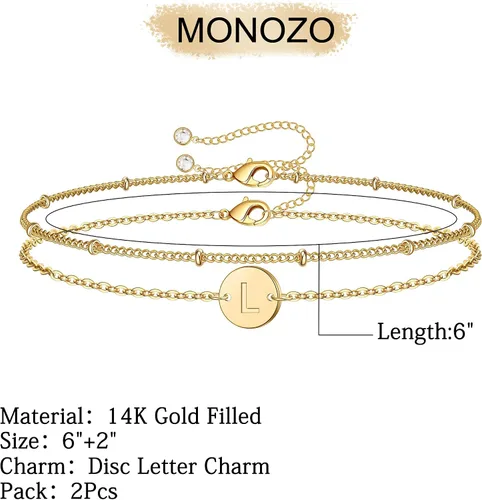 Miniatura 2 de MONOZO - Pulseras con iniciales para mujeres y niñas, delicadas con cuentas de oro de 14 quilates, personalizadas, 26 letras del alfabeto