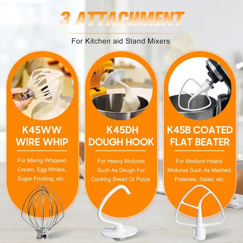 Funmit Accesorios para mezcladores K45WW Wire Whip K45DH Gancho de masa K45B recubierto de hoja plana con raspador de repuesto para cocina,