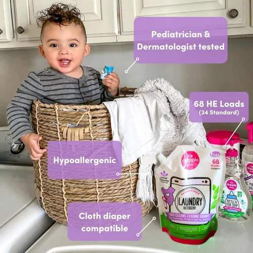 Miniatura 2 de Dapple Detergente para ropa de bebé, impulsado por plantas, concentrado, hipoalergénico, sin fragancia, paquete ecológico, quitamanchas, 34 fl oz