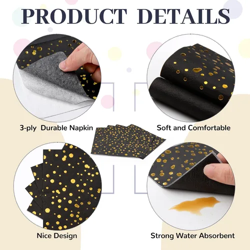 Miniatura 3 de Paquete de 80 servilletas de cóctel de papel negro con confeti de lunares de lámina dorada, suministros de fiesta de lunares (5 x 5 in, 3 capas)