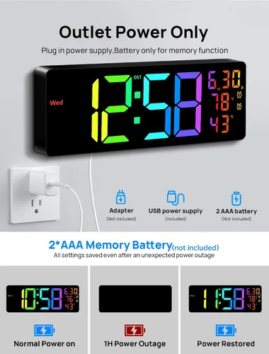 Miniatura 7 de MASHI Reloj digital grande de montaje en pared de 17.3 pulgadas, reloj digital con control remoto, alarma, LED grande, color RGB, DST, temperatura