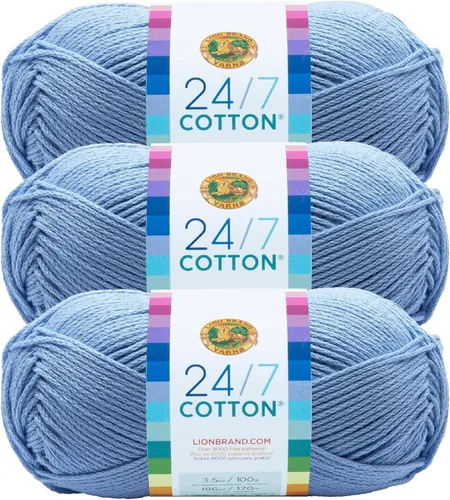 Miniatura 116 de Lion Brand Yarn, Hilo ligero mercerizado de algodón 24/7 para tejer, ganchillo y manualidades, Almirante, 1 paquete, 185 yardas de fibra natural