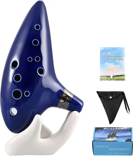 Ocarina de 12 agujeros Alto C de cerámica con libro de canciones, soporte de exhibición, instrumento musical para principiantes (canciones de la