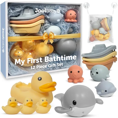Jool Baby Juego de regalo de juguetes de baño de 12 piezas, chorros de baño, patos de goma, ballena de natación enrollada, organizador de