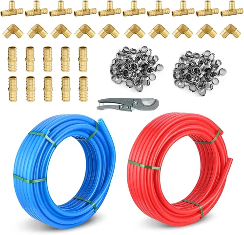 Miniatura 8 de Tubo PEX-B Niikappu azul y rojo de 1/2 pulgada, tubo Pex B de 2 x 75 pies (150 pies) con un cortador de tubos, 30 anillos (AB-2-75-KIT)