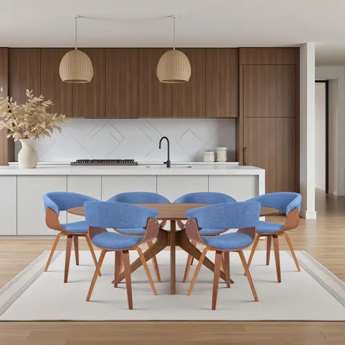 Miniatura 24 de Armen Living Silla de verano moderna de mediados de siglo en tela azul con acabado de madera de nogal - Juego de 2