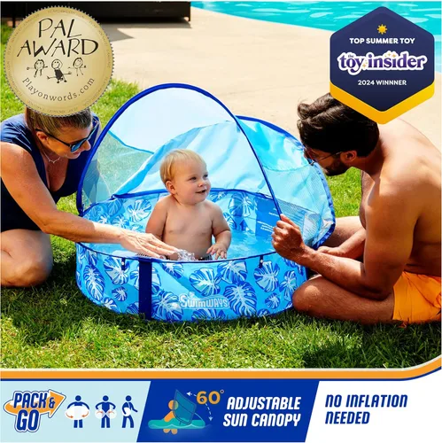 Miniatura 2 de Swimways Elite - Piscina desplegable sobre el suelo, piscina para bebés con toldo y funda de transporte, piscina plegable para niños de 9 a 24