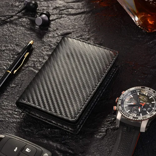 Miniatura 2 de RFID Cuero Genuino Bifold ID/Business Tarjeta de Crédito Caso Titular para Hombres Delgado Bolsillo Frontal Billetera Botón Negro