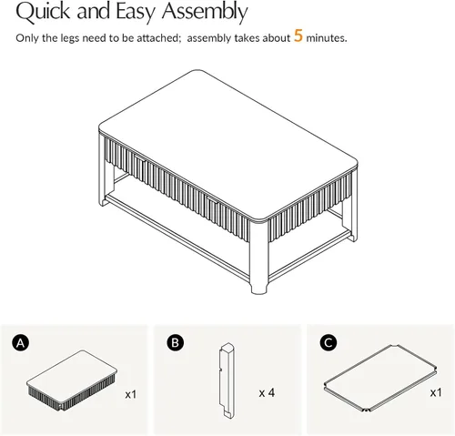 Miniatura 6 de HULALA HOME Mesa de centro moderna acanalada con almacenamiento, mesa de centro de chapa de roble de madera con mesa ancha, 2 cajones y estante Nogal