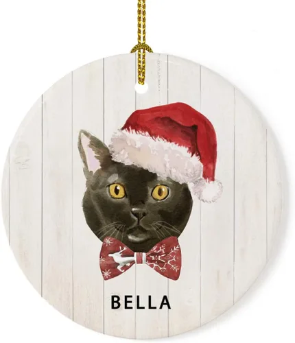 Miniatura 14 de Andaz Press Adorno redondo personalizado de cerámica para árbol de Navidad, abisinio, corona de acebo, sombrero de Papá Noel, con gráfico de gato