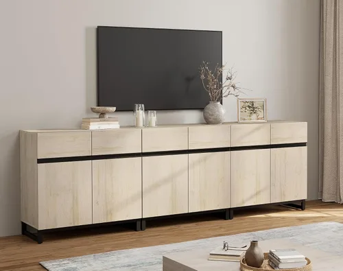 Miniatura 10 de Wampat Moderno soporte de TV para televisores de 100 pulgadas, consola central de entretenimiento 3 en 1 con estantes ajustables y base de metal