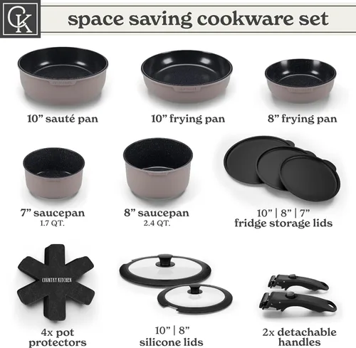 Miniatura 3 de Juego de utensilios de cocina Country Kitchen con mango extraíble, juego de ollas y sartenes apto para horno y RV, gris/negro, original
