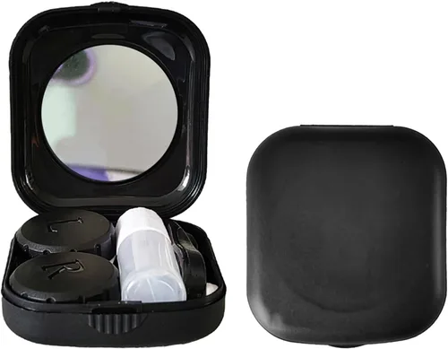 Estuche para lentes de contacto, paquete de 2 cajas portátiles para lentes de contacto con espejo, kit de almacenamiento compacto para viajes (negro)