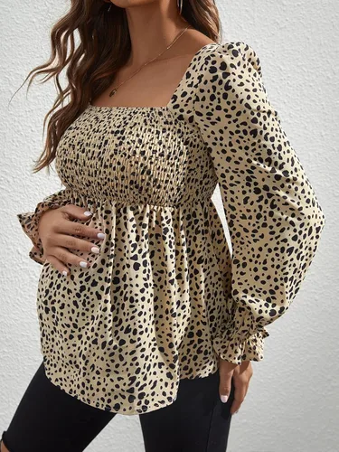 Miniatura 4 de MakeMeChic Camisas de maternidad para mujer, blusa peplum de manga larga con estampado de leopardo