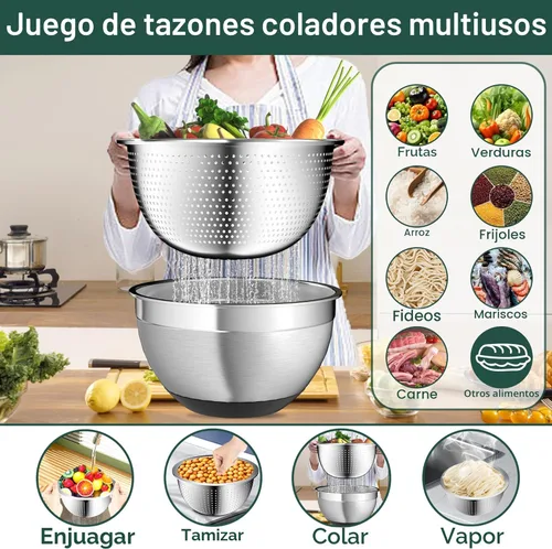 Miniatura 4 de Nicdiet - Juego de cuencos de mezcla con tapas herméticas, juego de cuencos de mezcla de acero inoxidable con 3 cuencos anidados de metal, colador