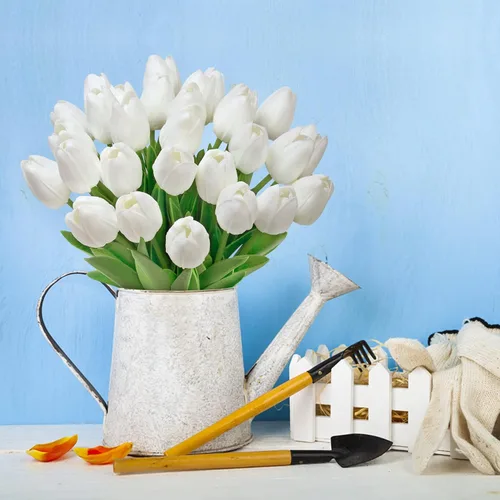 Miniatura 6 de Ouddy Decor 30 piezas de tulipanes blancos artificiales de poliuretano de tacto real, tulipanes falsos para primavera y verano, ramo floral, mesa