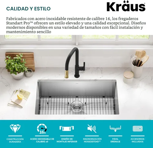 Miniatura 5 de Kraus Standart PRO - Fregadero de cocina de montaje inferior con tazón individual para bar de acero inoxidable, calibre 16, 10 pulgadas, KHU101-10