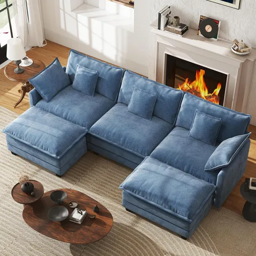 Miniatura 23 de WorthFurni Sofá Seccional Modular de 111.4", Sofá de Nube en Forma de U con 2 Otomanas Móviles, Cómodo Sofá de Chenille de Asiento Profundo