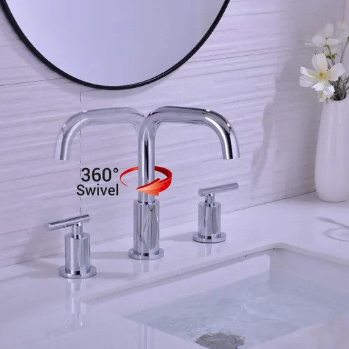 Miniatura 2 de TRUSTMI Grifo de lavabo de baño de 2 manijas de 8 pulgadas de extensión amplia, arco alto, latón, 3 orificios, grifo de tocador con mangueras