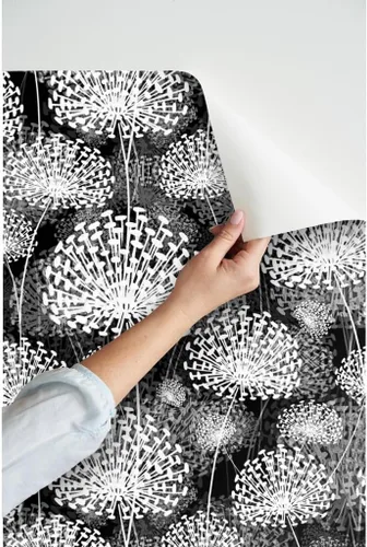 Miniatura 3 de Spoonflower Papel tapiz para despegar y pegar, diseño de dientes de león blanco y negro, flores de estilo vintage, floral, naturaleza, papel tapiz