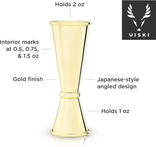 Miniatura 2 de Viski Jigger doble de estilo japonés para cócteles, kit de barra esencial, 1oz y 2oz con medidas interiores, dorado Oro