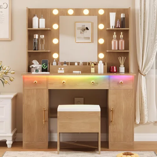 Miniatura 18 de HUANLEGO Escritorio de tocador con espejo y luces, tocador de maquillaje con espejo y luces LED y toma de corriente, 3 cajones y armarios, 3 modos