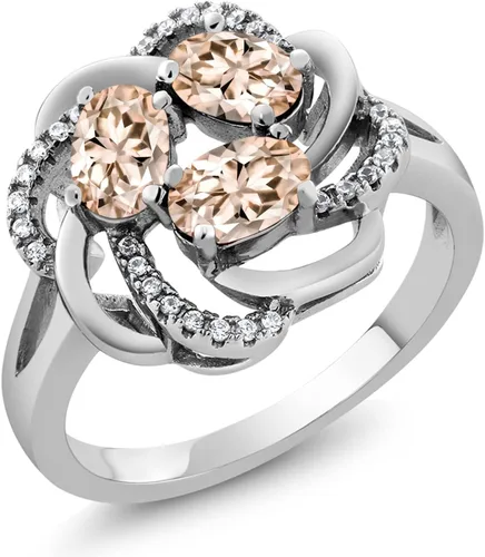 Miniatura 87 de Gem Stone King Flower Blossom Gemstone Birthstone Ring in 925 Sterling Silver 3-Stone Oval 6X4MM with Sparkling Accents Wedding Anniversary