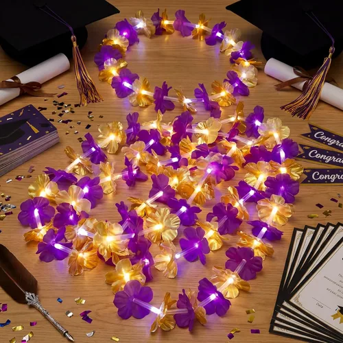 Miniatura 29 de Sherr 24 piezas de collares de flores de leis hawaianas con luces LED para boda, luces LED para leis hawaianas, collares de flores de leis hawaianas