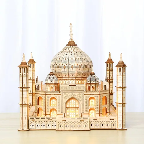 Miniatura 7 de Rompecabezas de madera 3D para adultos, modelo de madera del Taj Mahal con luz LED, kit de construcción mecánica de autoensamblaje, juego