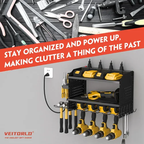 Miniatura 4 de Organizador de herramientas eléctricas con estación de carga, estante modular de montaje en pared resistente para garaje y organización de Negro