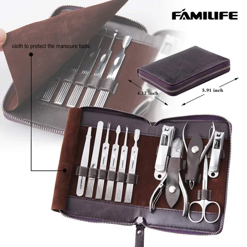 Miniatura 3 de FAMILIFE - Kit de manicura profesional para uñas, 11 en 1, de acero inoxidable, con estuche de viaje portátil de cuero negro, regalos de lujo para él