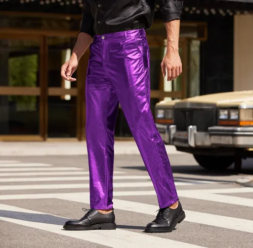 Miniatura 2 de COOFANDY Pantalones de mezclilla metálicos brillantes para hombre, para fiesta, baile, discoteca, discoteca, pantalones de pierna recta, Metálico