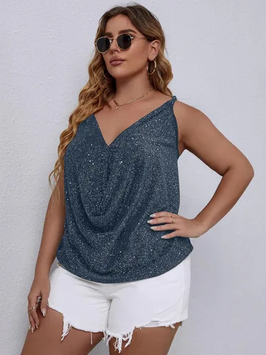 Miniatura 6 de Floerns Camiseta sin mangas con cuello drapeado con purpurina para mujer, talla grande