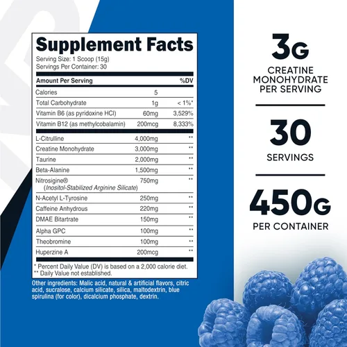 Miniatura 2 de Nutricost Complejo pre-entrenamiento pre-C con creatina (frambuesa azul 30 porciones) polvo - Boost Fintess Rutinas, 15.87 oz