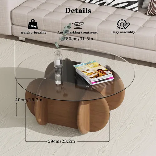 Miniatura 2 de Noguchi - Mesas de centro redondas transparentes de cristal con patas de madera maciza y mesa de vidrio templado para sala de estar, hogar, espacio