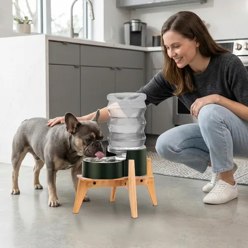 Miniatura 8 de Soporte para dispensadores de alimentos de agua para perros, adecuado para razas medianas, soporte de bambú para comederos automáticos elevados