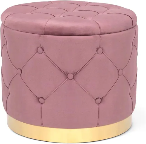 Miniatura 11 de Adeco Otomana redonda de almacenamiento, banco tapizado con botones de terciopelo con tapa extraíble, mesa auxiliar, reposapiés, asiento para sala
