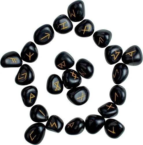 Miniatura 6 de Crocon Piedras preciosas de turmalina negra Alfabeto Futhark Alfabeto Grabado Runa Piedra 25 Piezas Set para Feng Shui Chakra Equilibrio Reiki