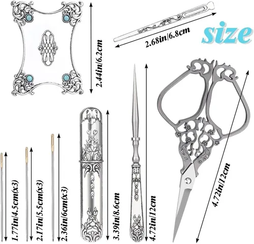 Miniatura 2 de SHWAKK Kit de tijeras de bordado, tijeras vintage con estilo europeo, kit de costura vintage para manualidades, costura, herramientas artesanales