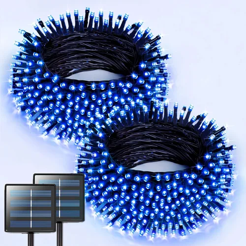 Miniatura 34 de JMEXSUSS 600 luces LED solares azules de Navidad, 206.7 pies, luces azules de Navidad al aire libre, impermeables, 8 modos de luz solar al aire