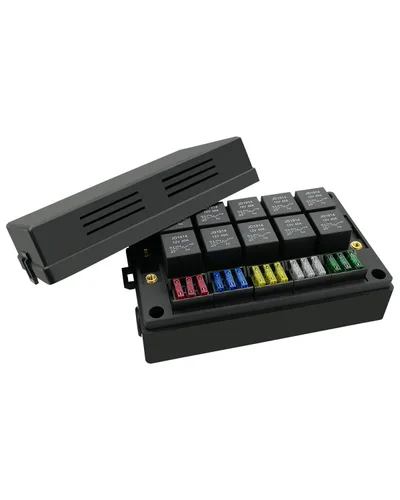 Caja de relé de fusibles de 12V con 15 fusibles y 10 relés y terminales, 15 ranuras para fusibles y 10 ranuras para relés de 4/5 pines, soporte de