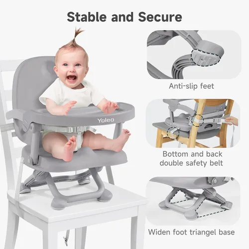 Miniatura 6 de YOLEO Silla alta para bebé, asiento elevador para mesa de comedor, sillas altas plegables con alturas ajustables, asiento elevador de viaje con Gris