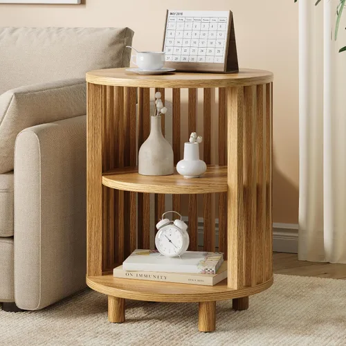 Miniatura 11 de Mesa auxiliar redonda, mesita de noche de madera, mesita de noche moderna de mediados de siglo con estante de almacenamiento abierto, mesas