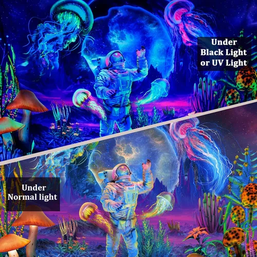 Miniatura 4 de Heopapin - Tapiz de astronauta de luz negra con medusas, tapices de hongos estilo trippy, plantas de fantasía reactivas a UV, tapiz de pared Medusa