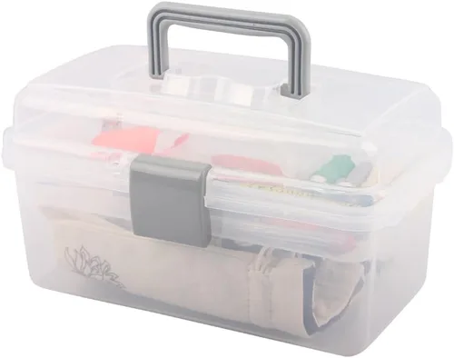 Miniatura 3 de Caja de almacenamiento de plástico multiusos con asa y cerradura de pestillo, gris transparente Transparente/Gris