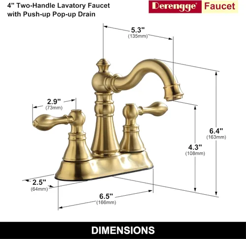 Miniatura 2 de Grifo de baño con dos asas de oro cepillado de 3 agujeros con desagüe emergente de plástico con rebosadero, grifo giratorio para lavabo de baño de 4