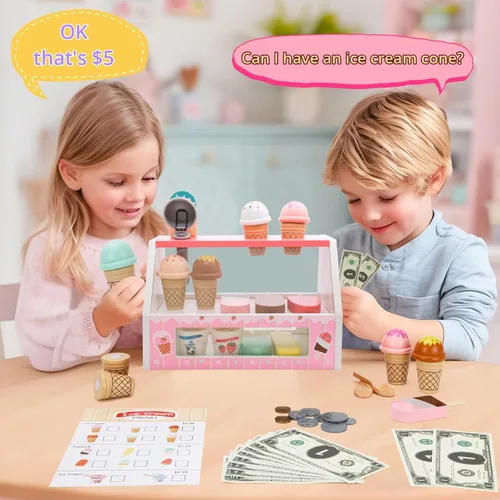 Miniatura 6 de ZJEFUNS Juguetes de Helado de Madera para Niños, Tienda de Helados de Juguete para Niños Pequeños, Comida de Simulación para Jugar, Servir con Rosa