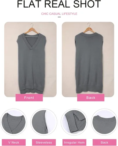 Miniatura 4 de EVLAESS - Chaleco de gran tamaño para mujer, cuello en V, sin mangas, color sólido, suéter suelto